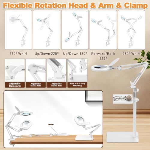15X Magnifying Lamp with Light, 3-in-1 LED Lighted Magnifying Glass Desk Clamp Floor Stand,Optical Glass，Stepless Dimming，Lighted Magnifiers for Close Work,handicrafts, Repair,Reading, White - color: White