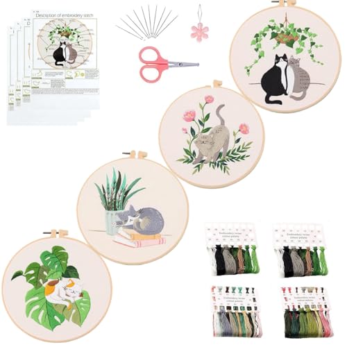 Mozzyyee 4pcs Cat Embroidery Kits for Beginners, DIY Adult Beginner Embroidery Sets with Instructions, 2 Plastic Embroidery Hoops,Scissor, Threads and Needles (Grey Cats) - color: Grey Cats