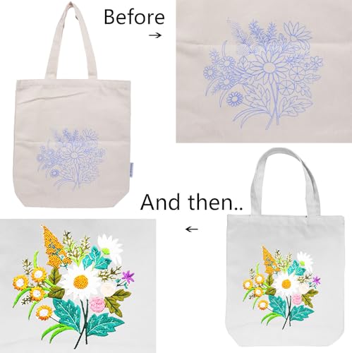 CREAWONDER Canvas Tote Bag Embroidery Kit with Pattern for Beginners, Arts and DIY Embroidery Crafts Kits for Adults, Include Instructions, Thimble, Embroidery Hoops, Color Threads and Tool - color: CR002 chenhuicaoxin beige