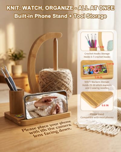 SPEENSUN Magnetic Bamboo Yarn Holder with Phone Stand, Natural - color: Natural