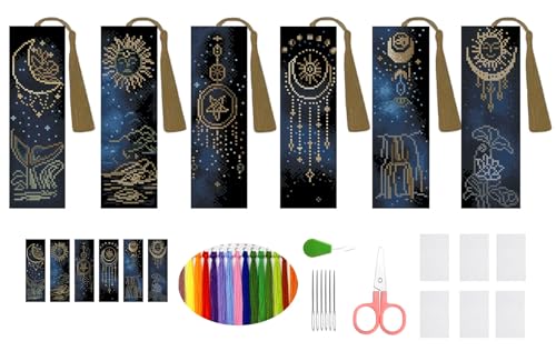 6PCS Cross Stitch Bookmark Kit for Adult Beginners Stars Cross Stitch Kits with Backing Felt Floss Instruction DIY Stamped Embroidery Bookmark Kit for Starter Adults Book Lovers (2.3x7.8 inch) - color: SQY002