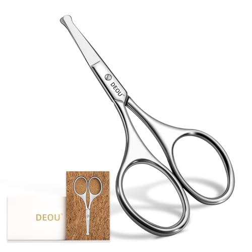 DEOU Silver Stainless Steel Round Nose Safety Scissors - Compact Facial Hair Trimming Tool for Men's Nose, Eyelashes, Eyebrows, Beard & Pet Grooming