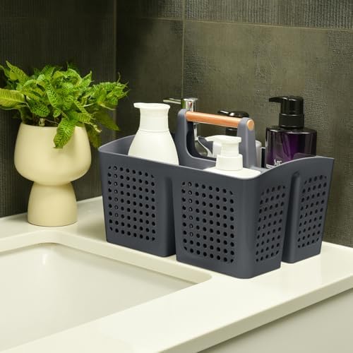 Portable Shower Caddy Basket with 3 Compartments and Handle, Dark Gray - color: Dark Gray