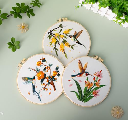 GLTAYLMY 3 Pack Embroidery Kits for Adults, Hummingbird and Flower Embroidery Kit for Beginners with Clear Instructions,1 Plastic Embroidery Hoops, Stamped Patterns, Colorful Threads, Tools - color: Bird123