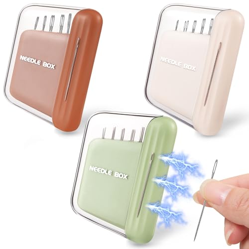 HUISUYTON 3PCS Portable Travel Magnetic Sewing Needles Case,30PCS Needles - color: Green+beige+brown