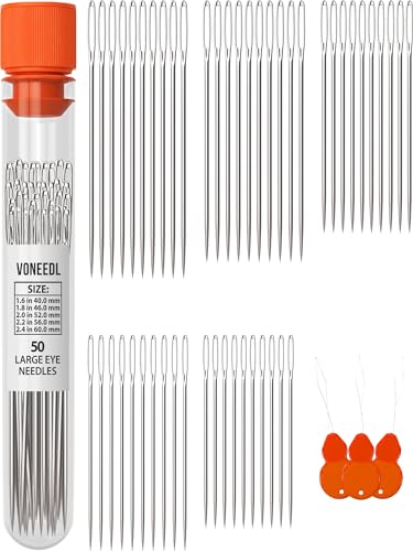 VONEEDL 50 Large Eye Heavy Duty Needles - 5 Sizes Easy to Thread Sharp Point Needles Perfect for Hand Sewing, Knitting, Crewel Darning, Crafting, and DIY
