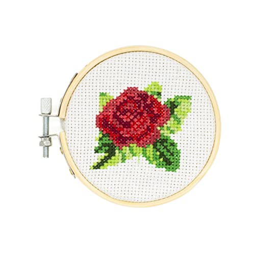 Kikkerland DIY Mini Cross Stitch Rose Embroidery Craft Starter Kit Set, with Pattern Instructions, 3" Bamboo Hoop, Stress Relief, Adult Beginner Friendly - color: Rose