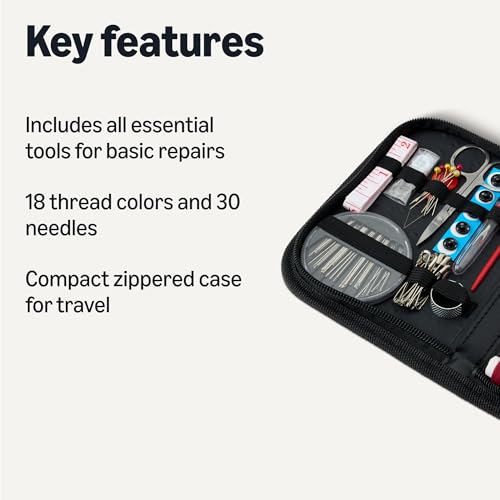 Amazon Basics Portable Travel Sewing Kit for Adults, Includes Threads, Needles, Scissors, Buttons, Thimbles, Measuring Tape, Threader, Seam Ripper and Safety Pins, Black