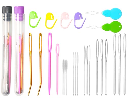 Hekisn 45Pcs Large Eye Blunt Yarn Needles Kit, Assorted Sizes Bent Tapestry Darning Needle, Sewing With Threaders & Stitch Markers for Knitting Crochet (Purple&Black) - color: Purple&Black