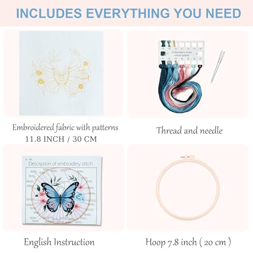 Silentsea Blue Butterfly Embroidery Kit for Beginners – Complete DIY Stitching Craft Set with Pre-Printed Fabric, Hoop, Threads & Video Tutorial – Ideal for Home Decor & Handmade Gifts - color: Blue Butterfly