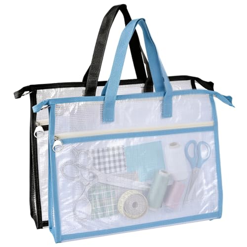 2 Pack Needlepoint Bag, Clear Mesh Zipper Pouch with Handle & Extra Pocket, Sewing Bag Suitable for Quilting, Knitting, Stitching and Embroidery Storage Projects, Cross Stitch Bag, A4 Size, Art Sewing