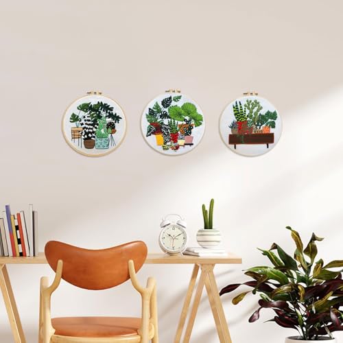 LB 3 Pack Green Plant Leaf Embroidery Kit for Beginners Succulent Cactus Beginner Embroidery Kit for Adults DIY Starter Kit with Embroidery Hoop Colorful Threads Tools - color: Black