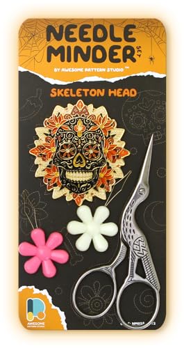 Awesome Pattern Studio Needle Minder Set - Skeleton Head Magnetic Needle Minder + 2 Needle Threaders + Crane Scissors. Enamel Pin for Cross Stitch, Embroidery and Craft - size: Skeleton Head Set #2
