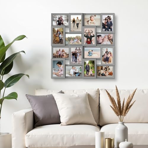 J.M.Deco Collage Picture Frames for Wall 16 Opening, Large Photo Frame Collage Wall Hanging for 4x6 Photo, Reunion Friends Family Memory, Christmas Gift - Grey - color: Grey, size: 16 Opening