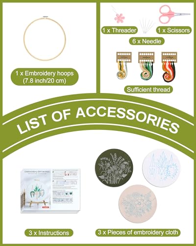 Santune 3 Sets Embroidery Kit for Beginners Needlepoint Cross Stitch Kits for Adults,Stitch Learning DIY Sets with Instruction Video,Stamped Floral Patterns,Hoop,Threads,Sewing Kit - color: Pothos Series