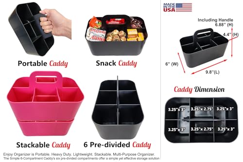 3 Pack Small 6 Compartment Multiuse Caddy Organizer with Handle Art Craft Supplies, Office, Desk, Stationery Pen Holder Stackable- Made In USA (Hot Pink) - color: Hot Pink