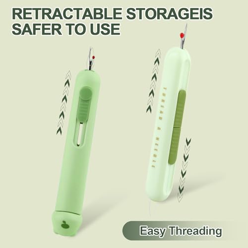 Automatic Needle Threaders Seam Ripper, Upgraded 3 in 1 Sewing Needle Threader Tool, 2Pcs Stretchable Quick Seam Rippers with Needle Storage for Hand Quilling, Embroidery Stitch Removal(Green) - color: Green