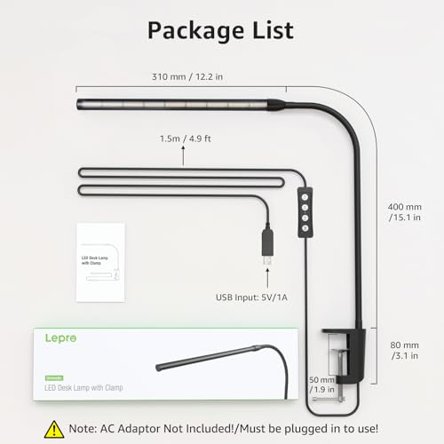 Lepro Clip on Desk Lamp, LED Reading Light with Clamp, 460LM 5W, Black - color: Black