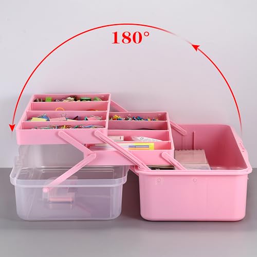Tackle Box, 16-Inch Extra Large Art Storage Box with 3-Layer Folding Trays - color: Pink