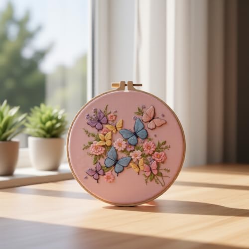 Embroidery Kit for Beginners & Adults Starter Kit, Cross Stitch Kits,DIY Hand Embroidery Needlepoint Set with Hoop, Pre-Printed Fabric, Threads and Instructions (Butterfly) - color: Butterfly