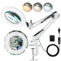 LANCOSC 10X Magnifying Glass with Light and Stand, Optical-Grade Glass Lens, 3 Color Modes Stepless Dimmable, Adjustable Swivel Arm, LED Magnifier Desk Lamp for Close Work Repair Crafts Reading, White