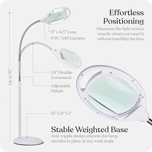 Brightech LightView Pro Magnifying Glass with Light and Stand, Magnifying Floor Lamp with Sturdy Weighted Base for Facials, Lash Estheticians, Bright LED Work Light for Sewing, Crafts - color: White, size: 5 Diopter (2.25x)