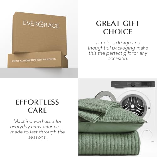 EVERGRACE Cross Stitch Pre-Washed Cotton Quilt Bedding Set Queen Size, Oversized 3 Pieces Lightweight Bedspread Coverlet for All Season, with 2 Matching Shams, Olive Green, 92"x96" - color: Olive Green, size: Full/Queen (92" X 96")