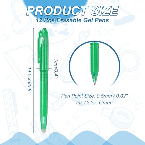 PATIKIL 12Pcs Erasable Gel Pens, 0.5mm Fine Point Heat Erasable Marking Pen with Cap Smooth Writing Fabric Markers for Sewing Drawing Writing Planner, Green Ink - color: Green