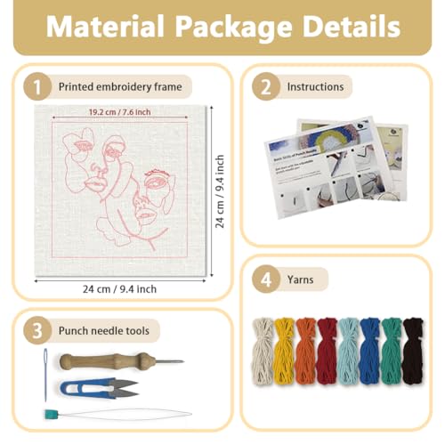 Doodlream Line Female Face DIY Punch Needle Embroidery Kit for Adult Beginner, 9.4" Silhouette Line Face Punch Stitching Craft Set for Starter with Frame, Fabric Pattern, Threader, Yarn, Pinch Needle - color: Line Female Face