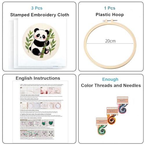 Konrisa Panda Embroidery Starter Kit for Beginners, Cross Stitch Kit with 3pcs Embroidery Pattern, DIY Sewing Project Adult Needlepoint Kit with Hoop, Set of 3 - color: panda