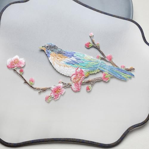Iron/Sew on Applique Repair Patches, Multicolor Bird on Plum Branch Patch - color: Multicolor Bird on Plum Branch