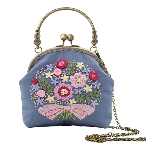 Eforcase Flower Embroidery Kit Tote Bag, Embroidery Coin Purse Kits Handbag Hand Embroidery Kit for Adults Beginner with Embroidery Patterns, Embroidery Hoop,DIY Sewing Kit - color: bouquet