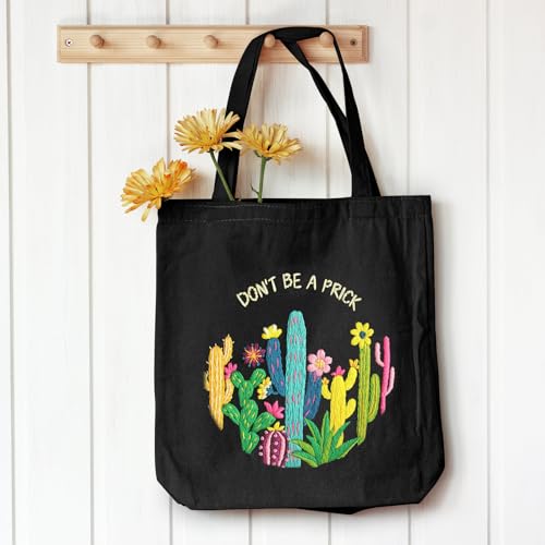 Louise Maelys 2 in 1 Embroidery Kit Canvas Tote Bag with Cactus Design - color: funny cactus