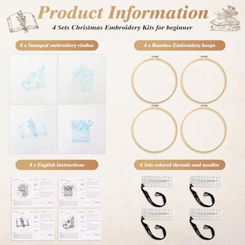Unittype 4 Set 8'' Book Flower Embroidery Kits for Beginner Adult, Stylish - style: Stylish