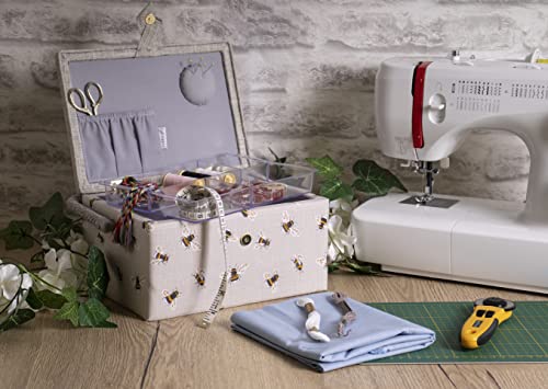 Hobby Gift Medium Sewing Box Organiser, Fabric Covered Storage Box with Handle, Internal Tray, Pin Cushion and Pocket for Sewing, Quilting and Knitting Supplies - color: Bee Happy