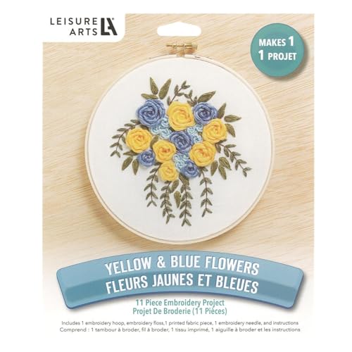 LEISURE ARTS Embroidery Kit 6" Yellow & Blue Flowers - Embroidery Kit for Beginners and Adults, Cross Stitch Kits with Patterns, DIY Starter Set for Seasonal Craft Projects