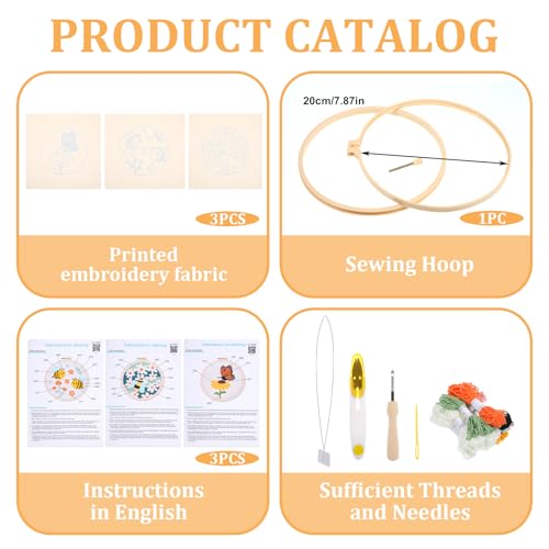 3 Pcs Punch Needle Kits, 7.87 Inch Cute Floral, Bees and Butterfly Punch Needle Kit for Adults Beginner Children Needles Punching kit with Embroidery Hoop, Instruction, Fabric, Sewing Needles, Yarns - size: Style A