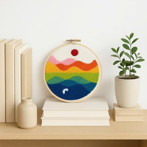 CELCRAFTIQUE Punch Needle Kits for Adults Beginner, Tool with Punch Needle Fabric, Hoops, Yarns and Sewing Needles (Style 2) - color: Rainbow Horizon