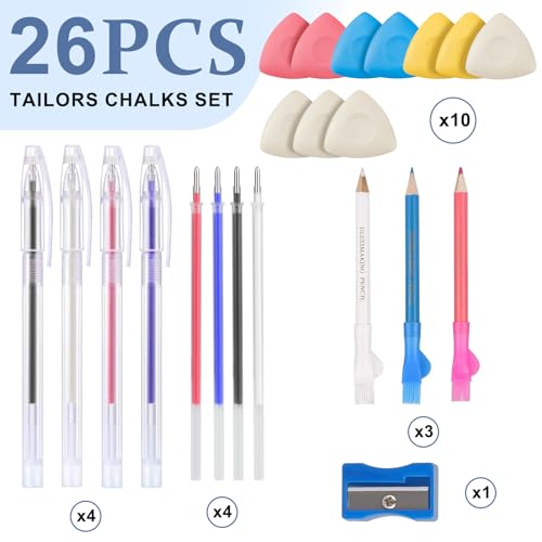 NeoLum Tailors Chalk Heat Erasable Pens for Fabric Pencils for Sewing, Fabric Markers Chalk for Quilting, 26 Pcs Sewing Accessories Supplies