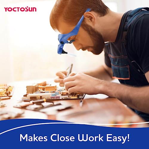 YOCTOSUN Magnifying Glasses with Light, Hands Free Headband Magnifier with 4 LED Lights and 5 Detachable Lenses 1X to 3.5X,Rechargeable Head Magnifier Glasses for Crafts, Hobby, Close Work - color: Deep Blue