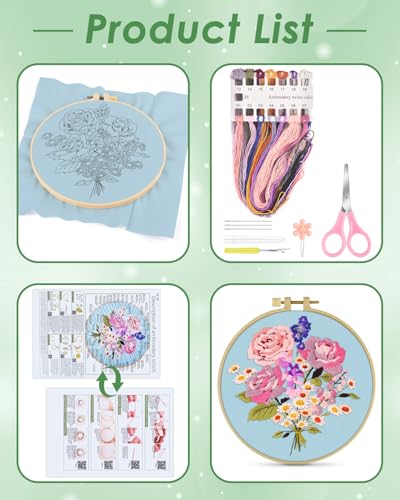 ERKOON Embroidery Kit for Beginners, Flower Cross Stitch Set for Include Embroidery Cloth Hoops Threads for Craft Lover Hand Stitch with Embroidery Skill Techniques (Bouquet) - color: Bouquet
