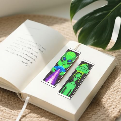 FREEBLOSS 6 Set Cross Stitch Bookmark Kits Alien Pattern Stamped Cross Stitch Kit 11CT Embroidery Kit with Instructions for Beginners 20x6cm/8x2.4inch - style: Alien