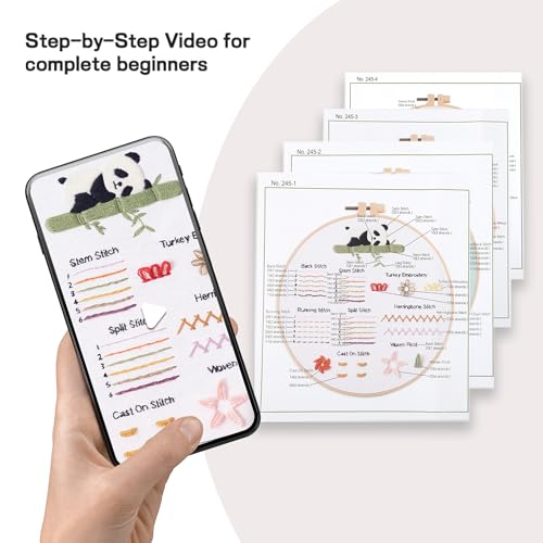 JOINRUN Beginner Embroidery Kit for Adults, 4 Pack with Video Tutorial - color: Panda