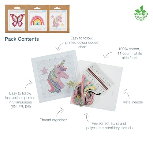 Trimits 3PK Cross Stitch Bundle – Counted Embroidery Kit, Beginner & All Level Starter Set, Complete with Instructions & Thread Children Wall Home DIY Décor – 13x13cm – Rainbow, Unicorn, Butterfly - style: Rainbow, Unicorn, Butterfly