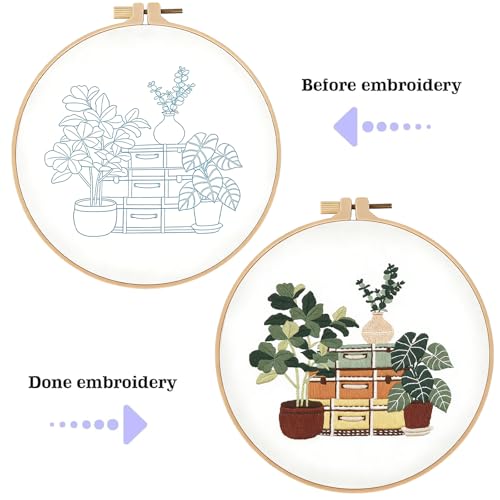 spicssa Embroidery Kit for Beginners, Hand Needlepoint Kits for Adults with Pre-Stamped Patterns, 7.8-Inch Hoop, Threads & Needles, Step by Step Instructions - color: green plants B