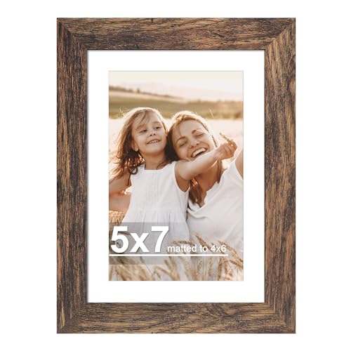 Hongkee 5x7 Picture Frame with Real Glass Wood Frame, 1 Pack (with Mat 4x6) - color: Rustic Brown, size: 5X7 in