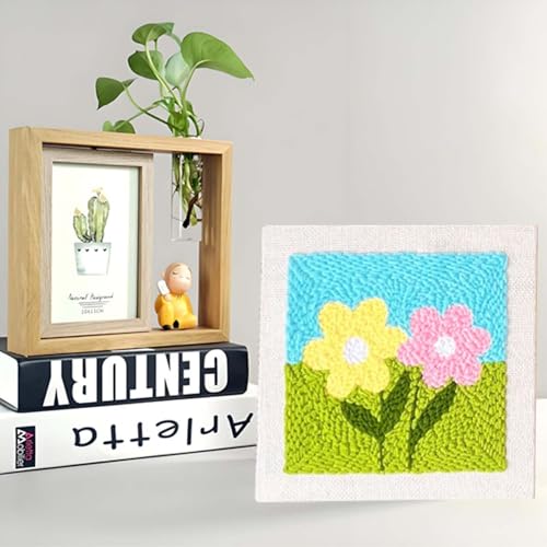 Allazone Punch Needle Starter Kit, Embroidery Frame With Square Fabric, Flower Pattern, Hoop, Yarns (Yellow and Pink Flowers) - color: Green Blue
