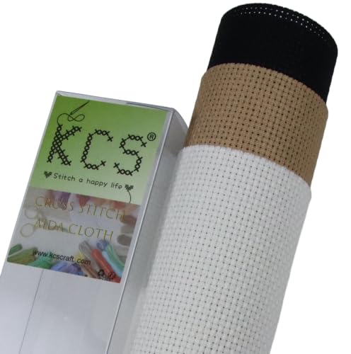 KCS 3 pc of 15" x 18"(38cmx45cm) 14 Count Cross Stitch Cotton Aida Cloth Needlework Rolled Fabric Box,14CT,Antique White+Khaki+Black - color: Antique White+khaki+black, size: 14CT