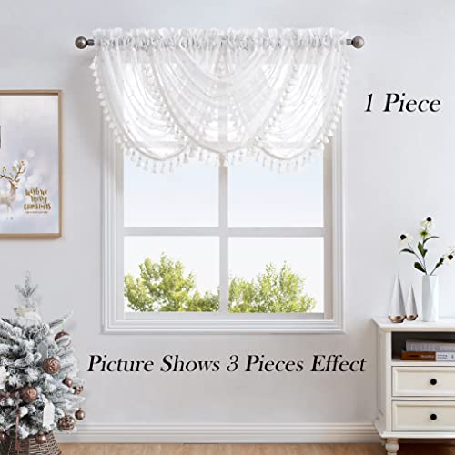 White Waterfall Valance Curtain with Gray GEO Embroidery, 56"x38", 1 Piece - color: White (Embroidered), size: 56"W x 38"L (Pack of 1)