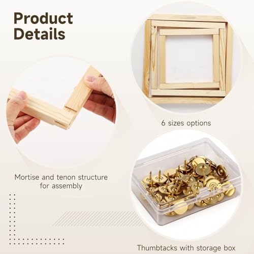 12 Pcs Needlepoint Stretcher Bars for Needlework with 40 Tacks, Tacks Remover, Storage Box - 6 Sizes Wood Mortise & Tenon Frame for DIY Oil Painting, Embroidery & Needlework
